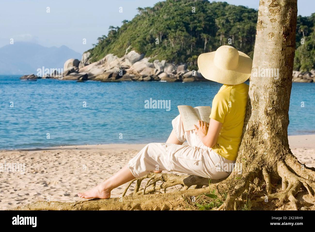 Donna che legge un libro sulla spiaggia, Bombinhas, Santa Catarina, Brasile Foto Stock