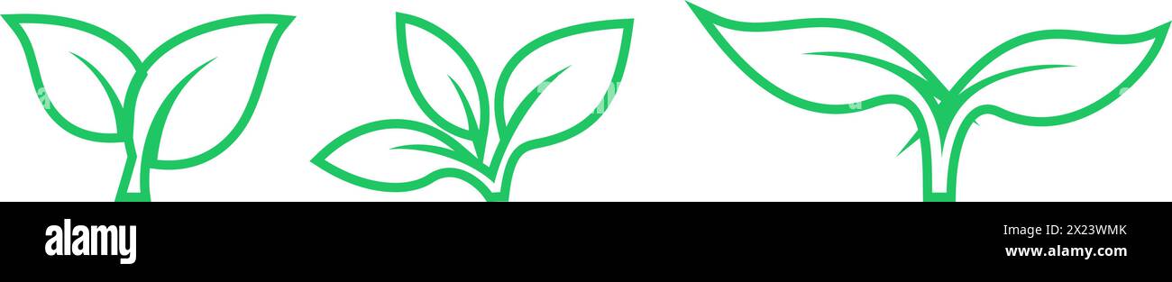Set di icone lineari a foglia verde come simboli ecologici e di conservazione ambientale Illustrazione Vettoriale