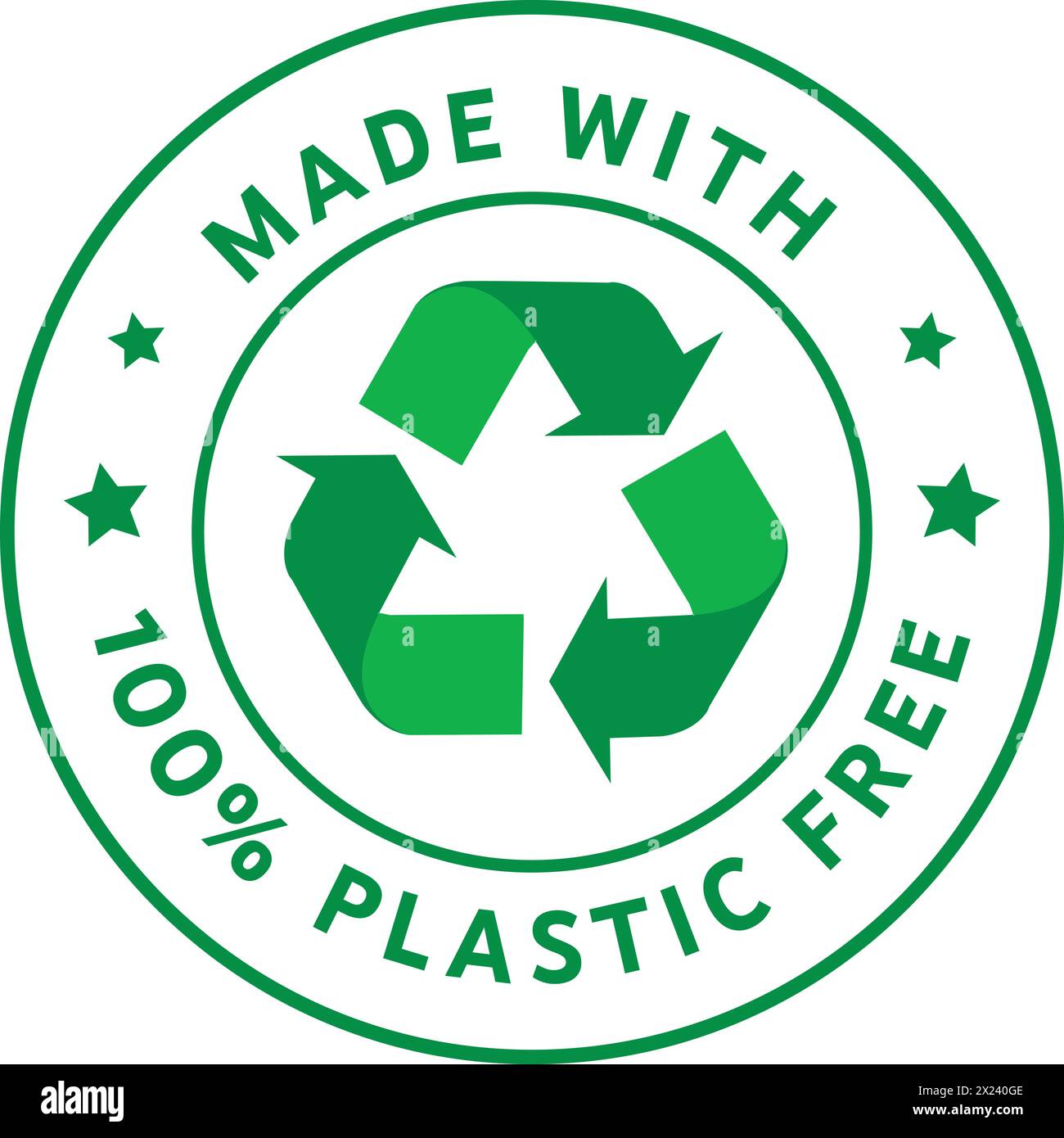 Realizzato con plastica, materiale riciclato, cartello materiale riciclato, sigillo simbolo riciclato, 100% plastica, icona biodegradabile Illustrazione Vettoriale