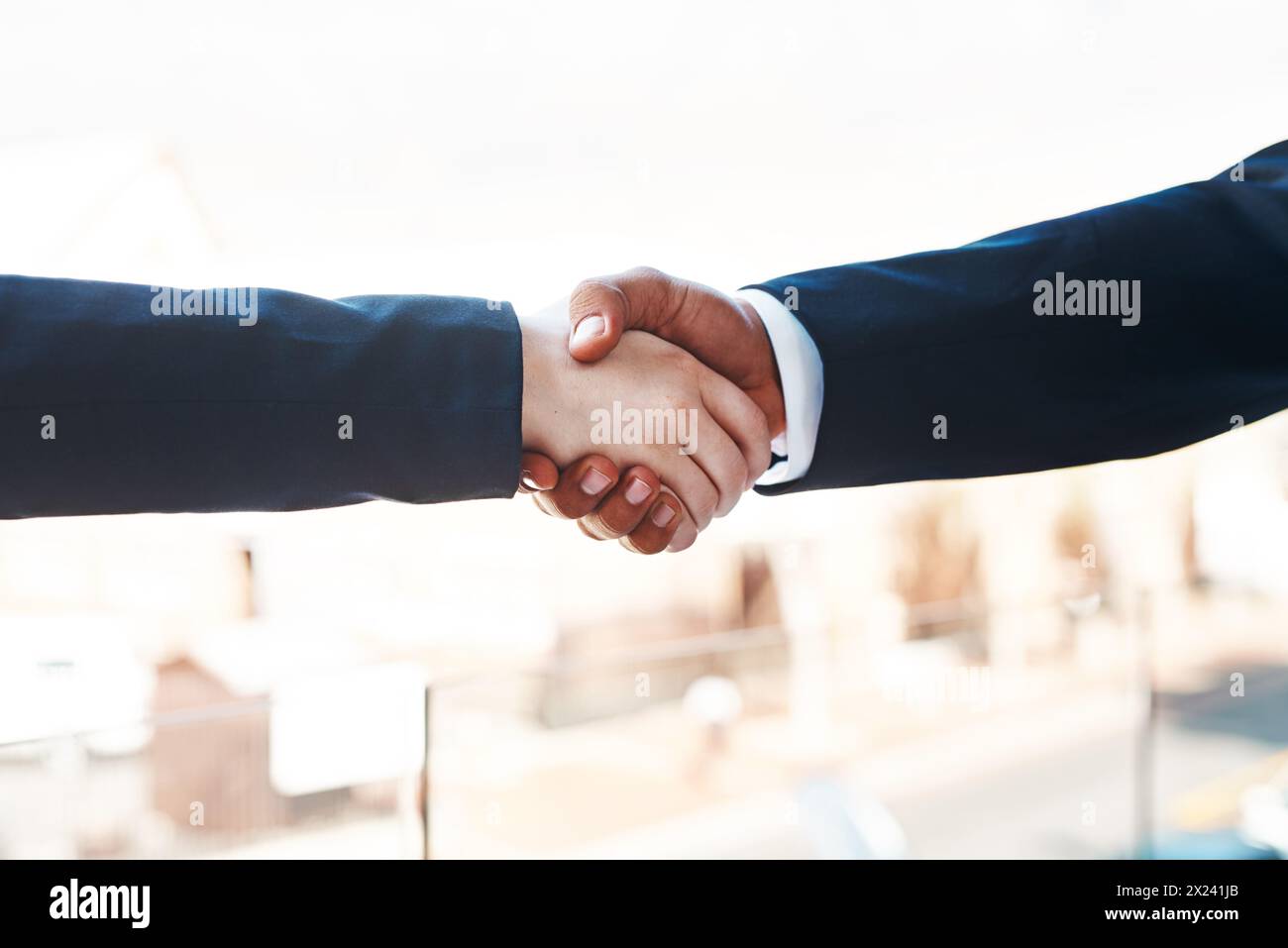 Stretta di mano, benvenuto o mano per il successo, la partnership o la celebrazione per il raggiungimento, l'obiettivo o il lavoro ben fatto. Fiducia, uguaglianza razziale o affermativa Foto Stock