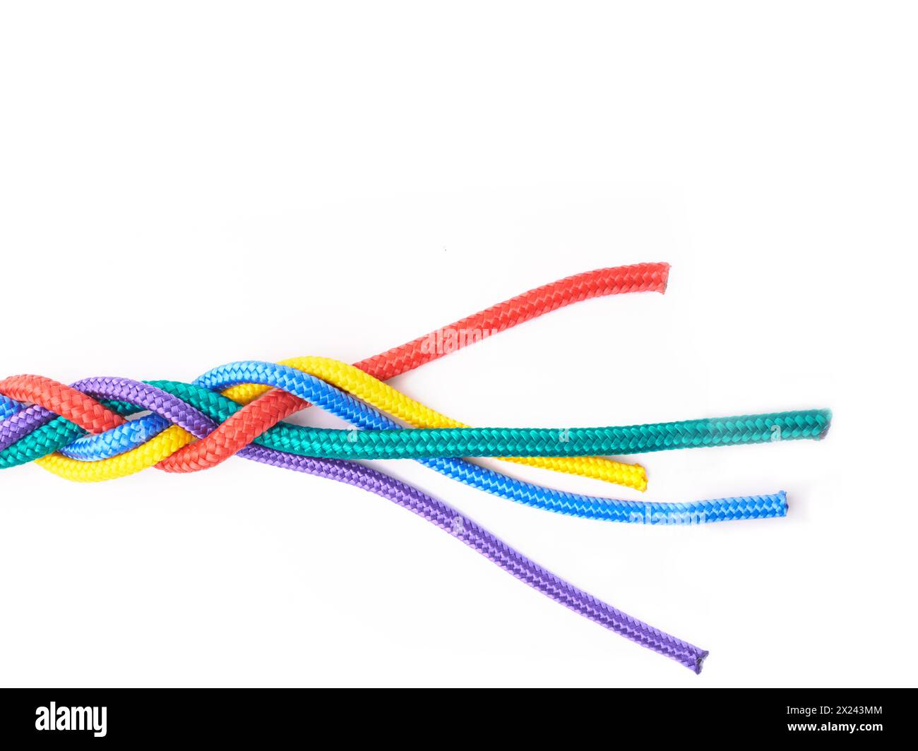 Cravatte, corda e connessione di colore in nodo o treccia piatta su sfondo bianco in studio per la collaborazione. Arcobaleno, cordone e sopra unità astratta Foto Stock