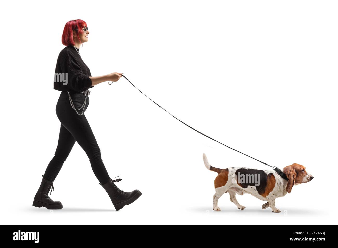 Foto a tutta lunghezza di una giovane donna con i capelli rossi che cammina con un cane da cani basset isolato su sfondo bianco Foto Stock