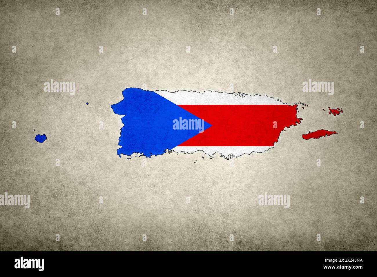 Mappa grunge di Porto Rico con la sua bandiera stampata all'interno del suo confine su una vecchia carta. Foto Stock