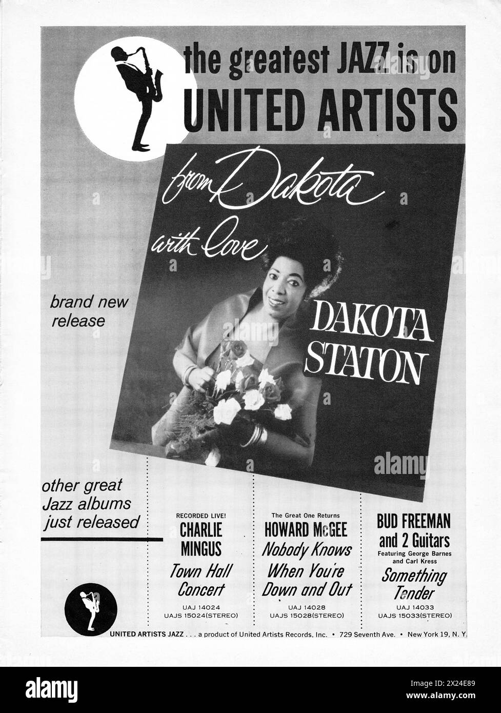 Un annuncio per gli album dell'etichetta United Artists Jazz con la cantante Dakota Staton. Foto Stock