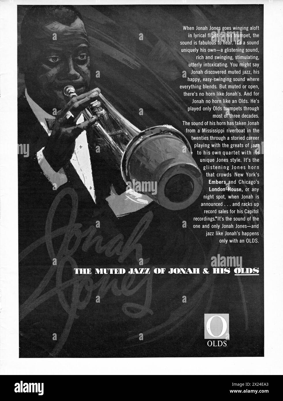 Un annuncio a pagina intera per trombe Olds con l'approvazione di Jonah Jones e commenti lusinghieri sul suo grande tono sia aperto che mutato. Foto Stock