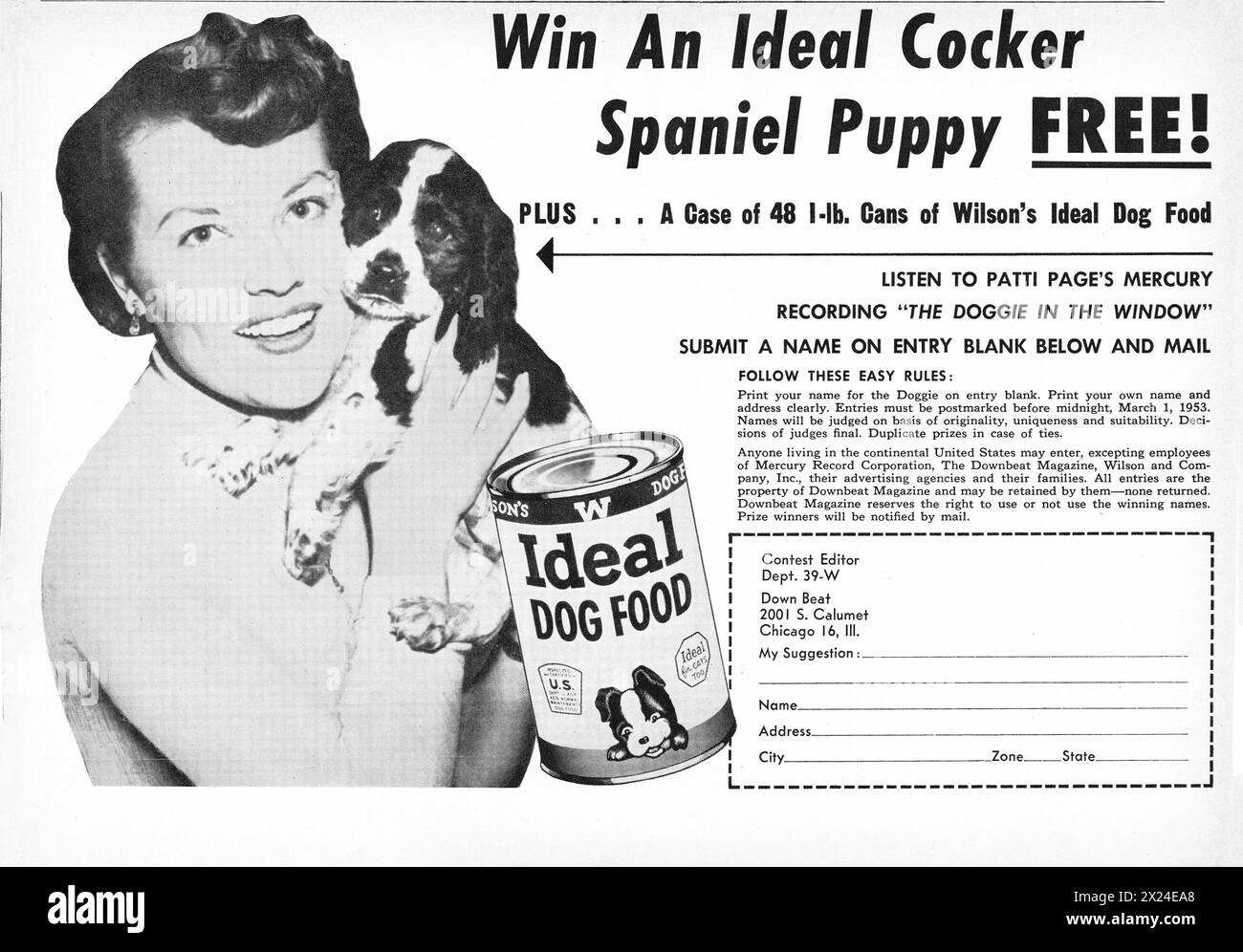 Patti Page pubblicizza per la rivista Down Beat e Ideal Dog food in un nome il simpatico Cocker Spaniel puppy contest. Dal 1952 Foto Stock