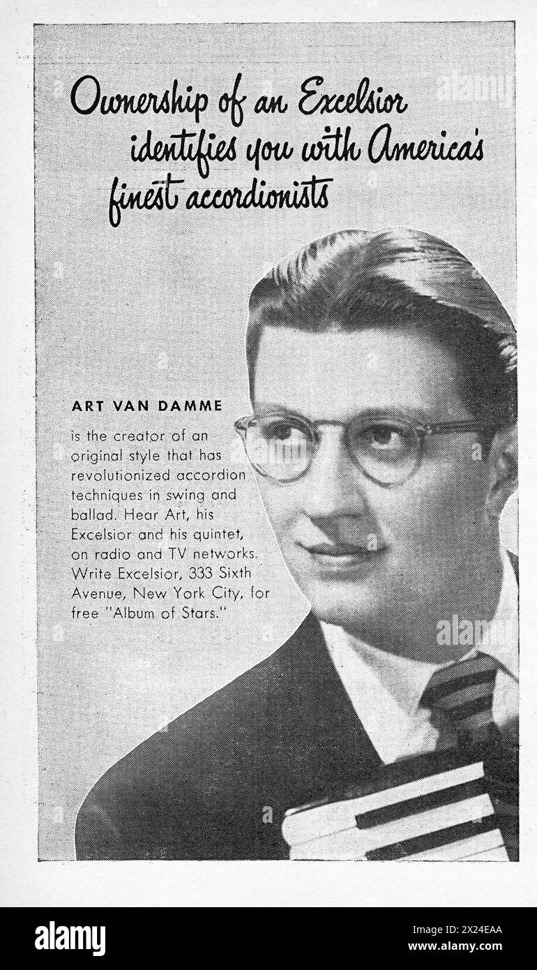 Un annuncio di una rivista dei primi anni '1950 con il fisarmonicista jazz Art Van Damme che sostiene le fisarmoniche Excelsior. Foto Stock