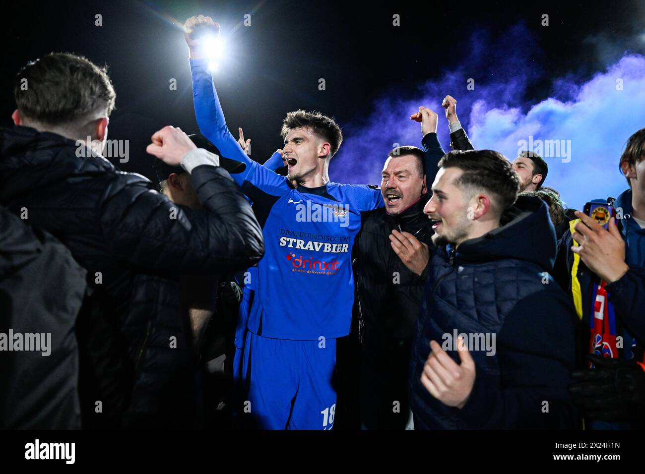 Boussu, Belgio. 19 aprile 2024. Nathan Rodes di Dender festeggia dopo aver vinto una partita di calcio tra i Royal Francs Borains e Dender EH, venerdì 19 aprile 2024 a Boussu, il giorno 30 della seconda divisione "Challenger Pro League" 2023-2024 del campionato belga. BELGA PHOTO LAURIE DIEFFEMBACQ credito: Belga News Agency/Alamy Live News Foto Stock