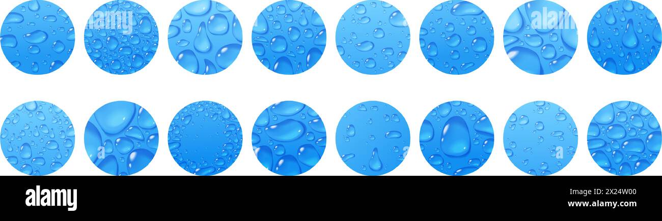 Copertina blu Waterdrop per pagina insta. Condensare il vetro in una texture macro. Illustrazione vettoriale in stile realistico. Illustrazione Vettoriale