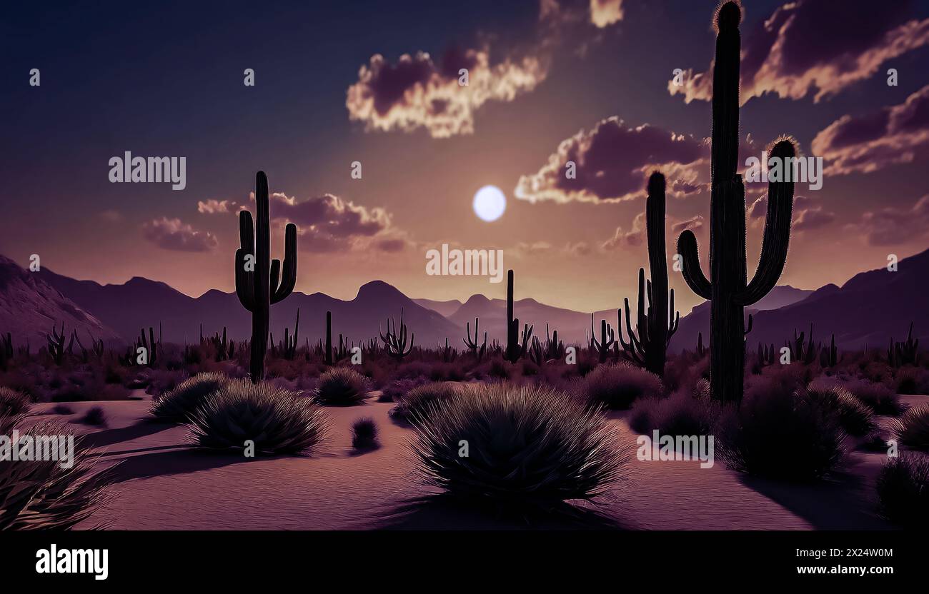 Cactus e Sagebrush crescono in un'immagine artificialmente intelligente all'alba Foto Stock