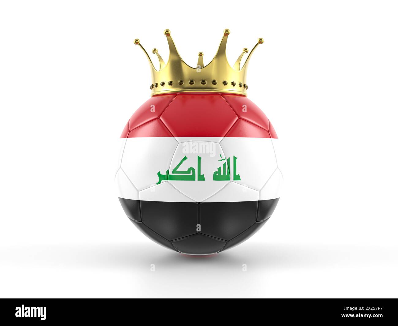 Palla da calcio bandiera irachena con corona su sfondo bianco. illustrazione 3d. Foto Stock