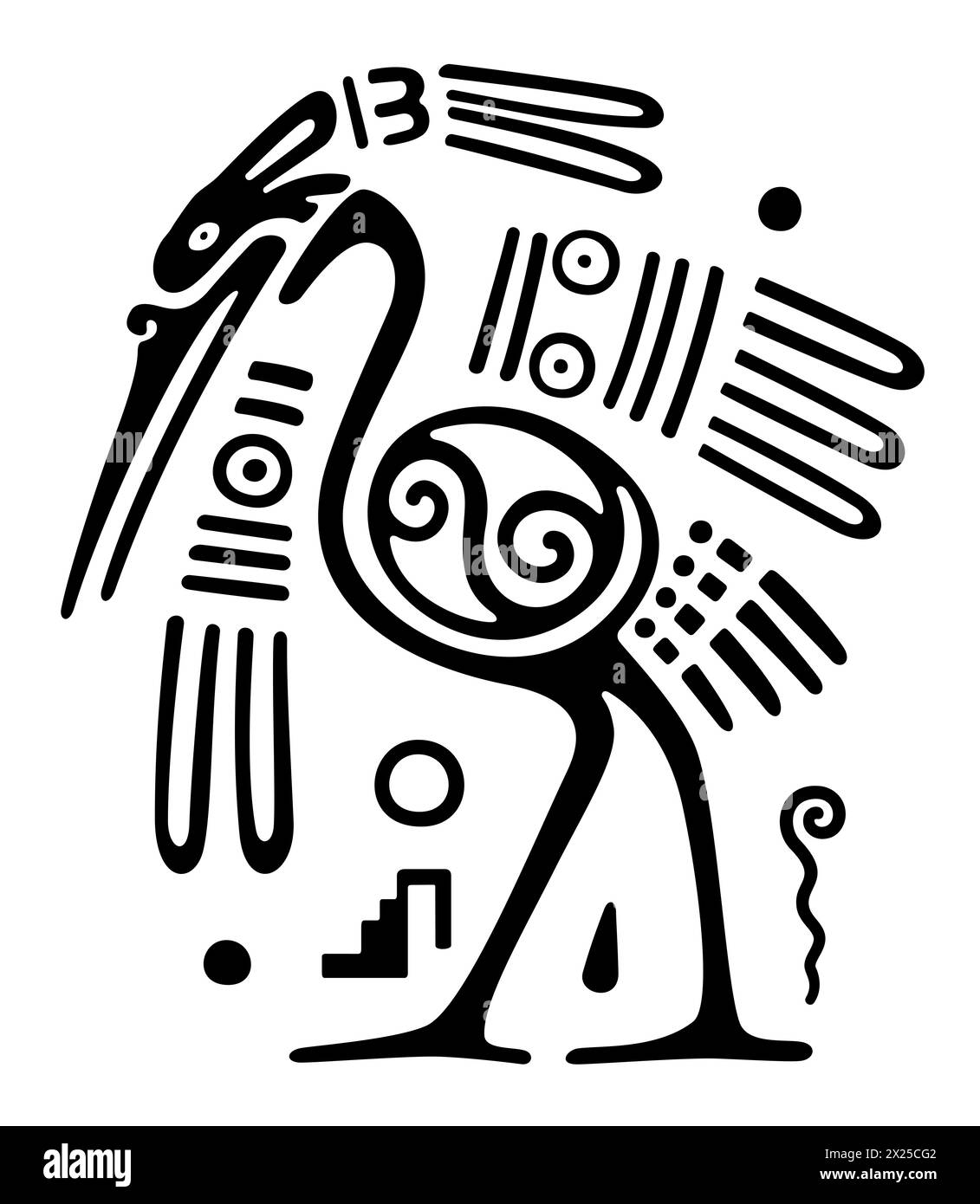 Motivo Heron dell'antico Messico. L'aztatl azteco, un uccello costiero e d'acqua dolce dalle gambe lunghe e dal collo lungo. Motivo per francobolli in argilla piatta precolombiana, azteca. Foto Stock