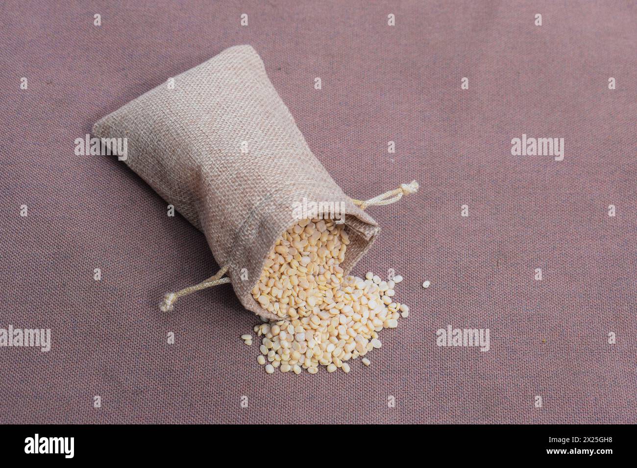 Lenticchie bianche biologiche crude, vigna mungo in una borsa gunny. Primo piano di urad dal bianco lucidato a fessura organica (Vigna mungo) fuoriuscita da una borsa di iuta Foto Stock