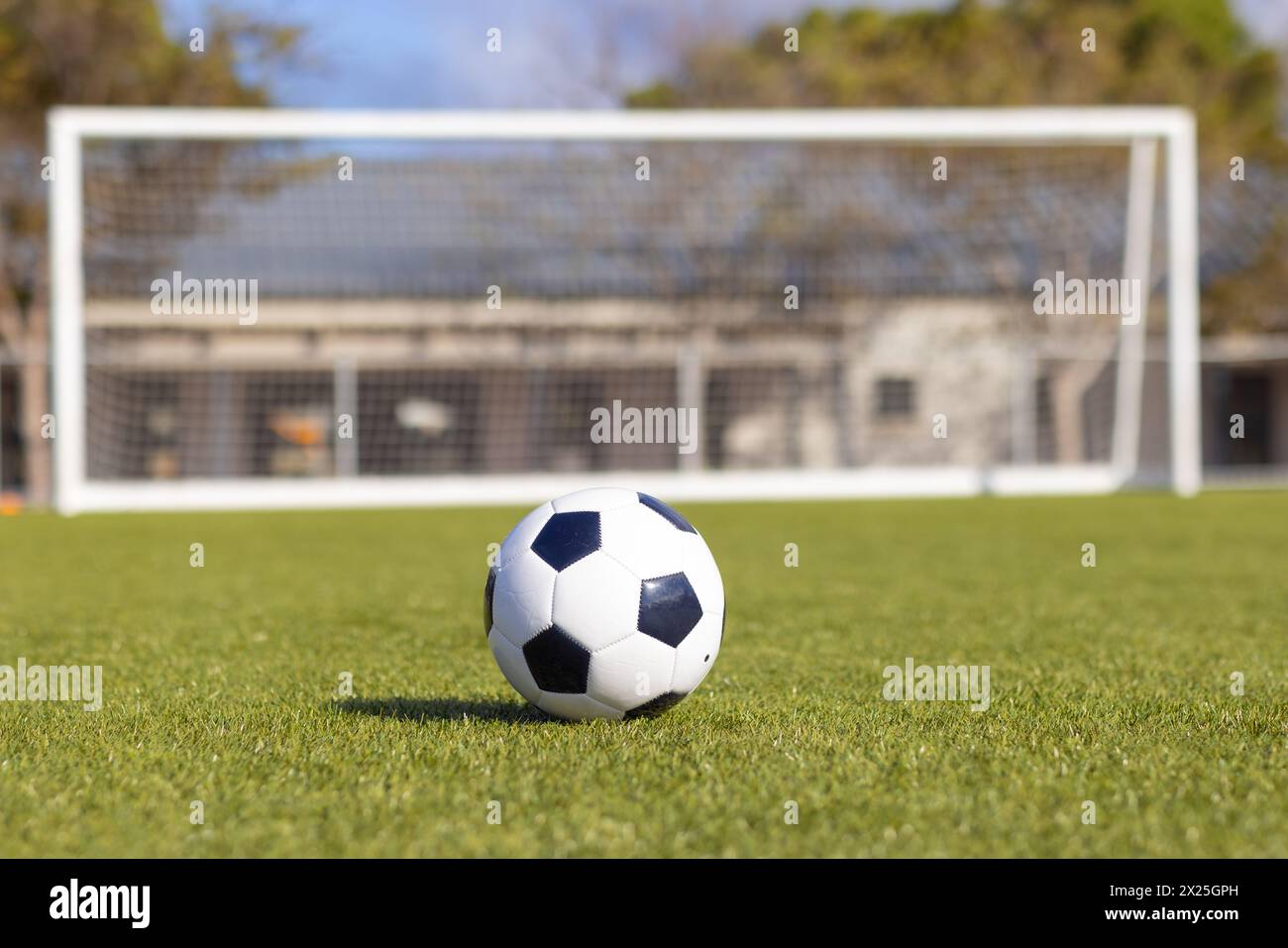 Un pallone da calcio è appoggiato su erba verde sul campo all'aperto, con porta sullo sfondo, spazio copia Foto Stock