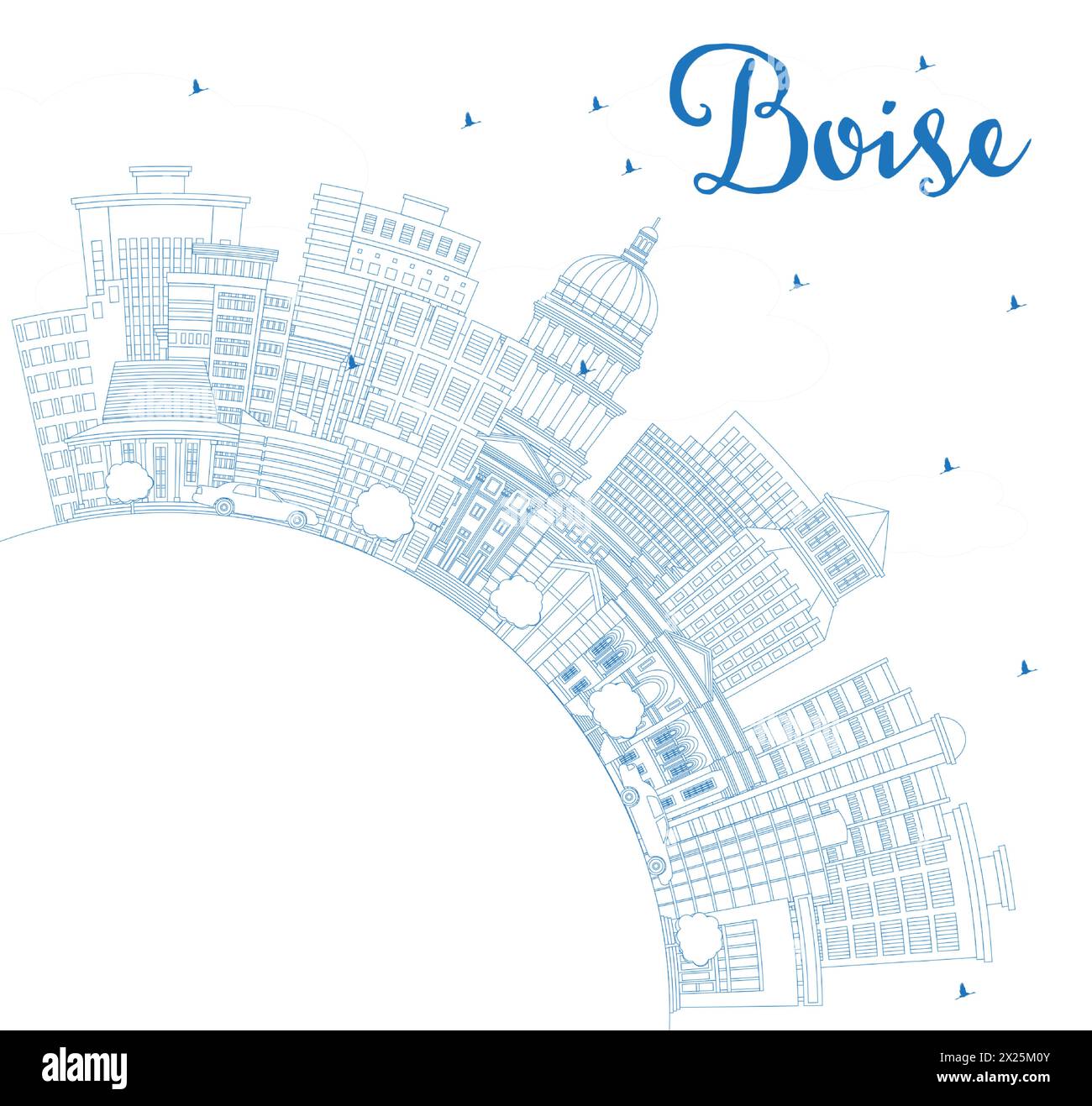 Delinea lo skyline della città di Boise, Idaho, con edifici blu e spazio copia. Illustrazione vettoriale. Paesaggio urbano di Boise USA con monumenti storici. Illustrazione Vettoriale