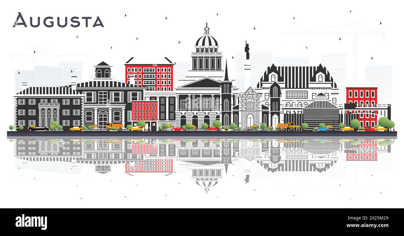 Lo skyline di Augusta, Maine, con edifici colorati e riflessi isolati sul bianco. Illustrazione vettoriale. Business e turismo con l'Arco storico Illustrazione Vettoriale