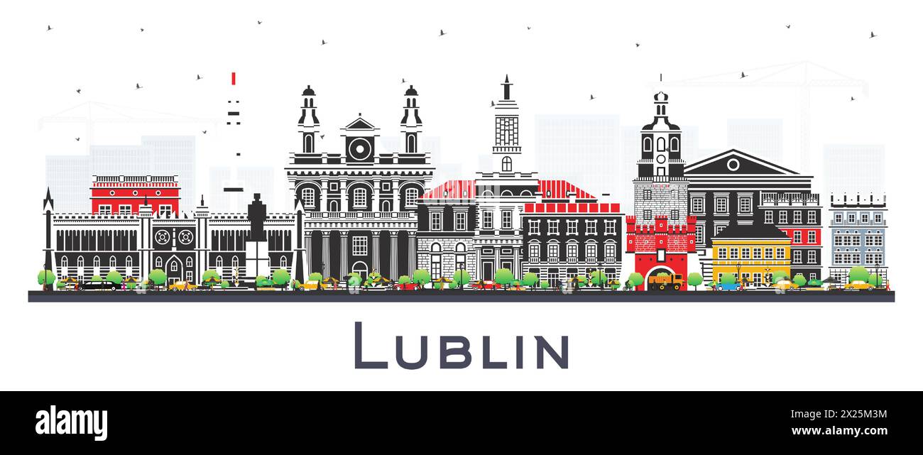 Skyline della città di Lublino, Polonia, con edifici colorati isolati sul bianco. Illustrazione vettoriale. Paesaggio urbano di Lublino con monumenti storici. Illustrazione Vettoriale