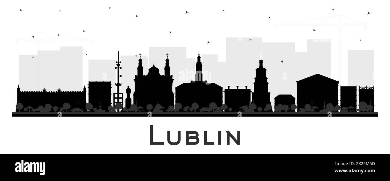 Skyline di Lublino Polonia con edifici neri isolati sul bianco. Illustrazione vettoriale. Paesaggio urbano di Lublino con monumenti storici. Illustrazione Vettoriale