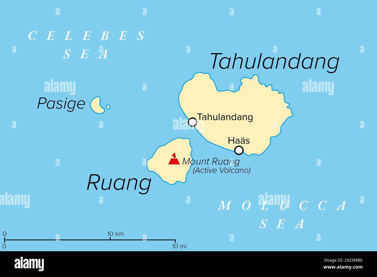 Ruang, un'isola vulcanica indonesiana attiva, mappa politica. Lo stratovulcano più meridionale dell'arco delle Isole Sangihe, Sulawesi settentrionale, Indonesia. Foto Stock