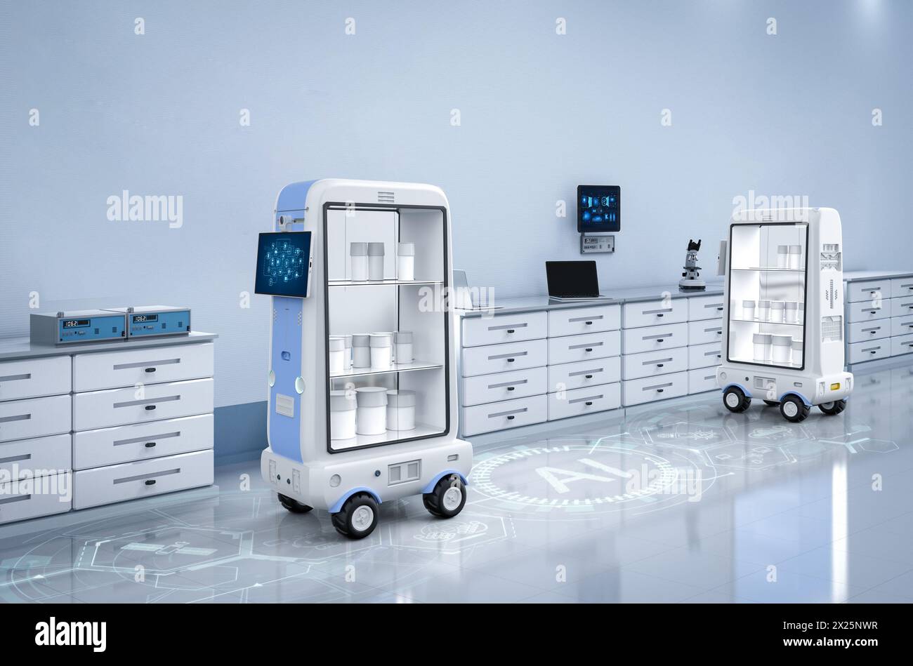 il carrello del robot di consegna del rendering 3d o l'assistente robotico trasportano oggetti in laboratorio Foto Stock