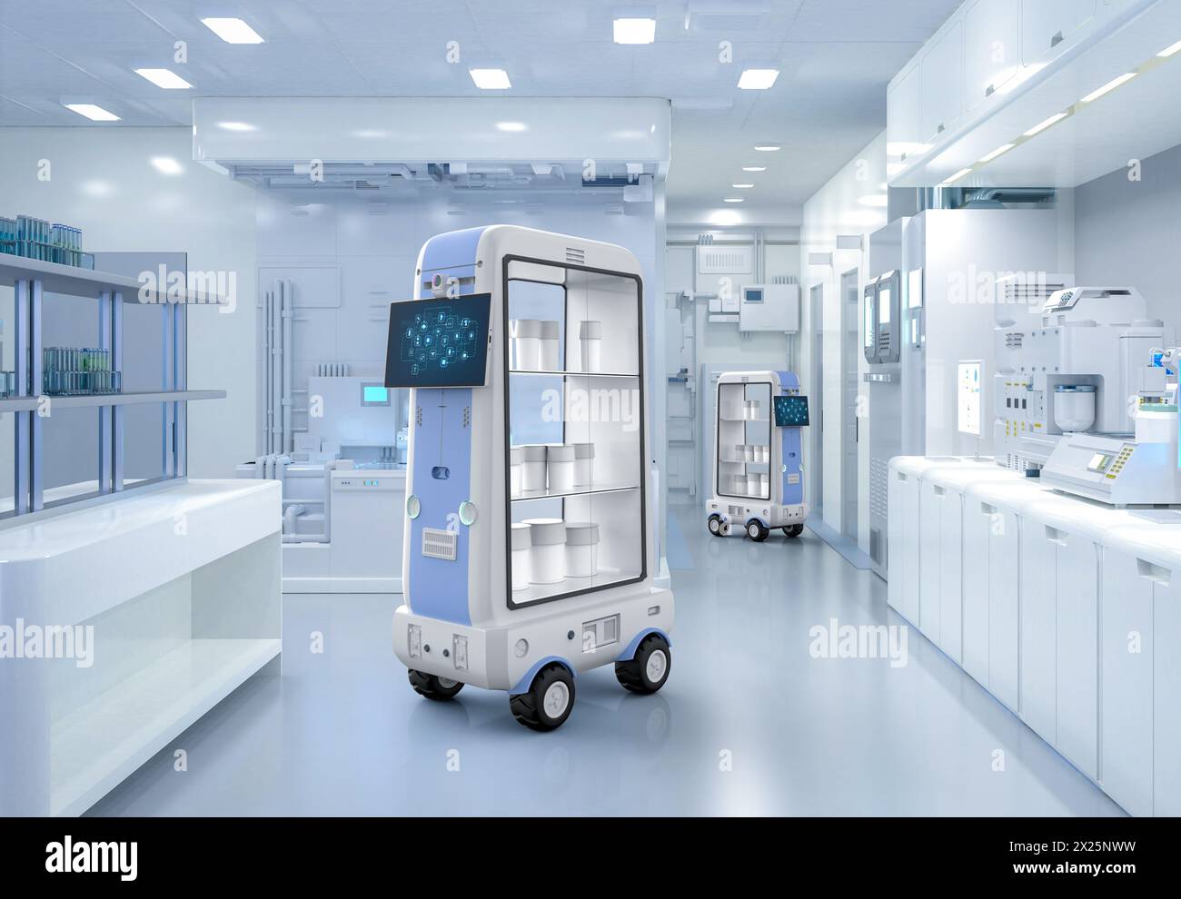 il carrello del robot di consegna del rendering 3d o l'assistente robotico trasportano oggetti in laboratorio Foto Stock