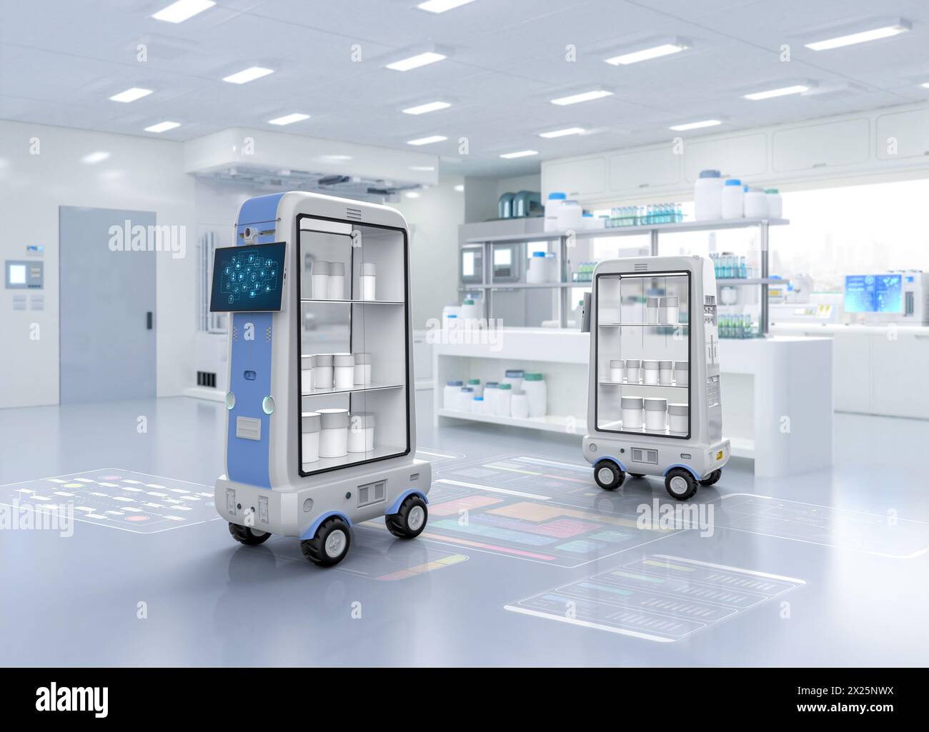 il carrello del robot di consegna del rendering 3d o l'assistente robotico trasportano oggetti in laboratorio Foto Stock