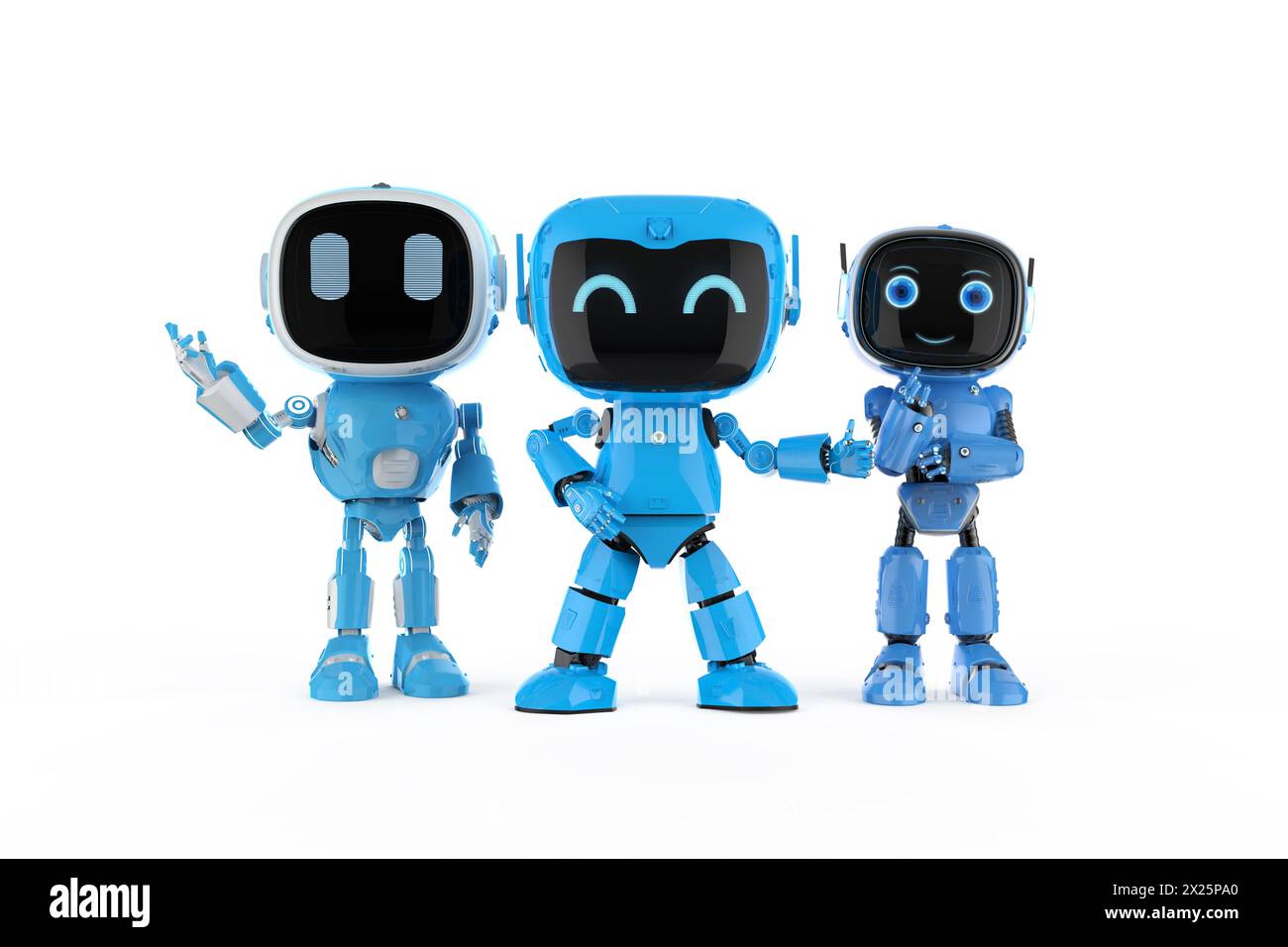 gruppo di rendering 3d di simpatici e piccoli robot di assistente personale con personaggio dei cartoni animati Foto Stock