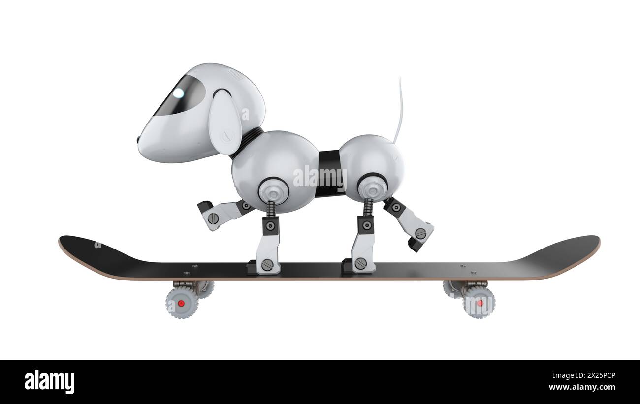 il robot per cani con rendering 3d gioca a skateboard su sfondo bianco Foto Stock