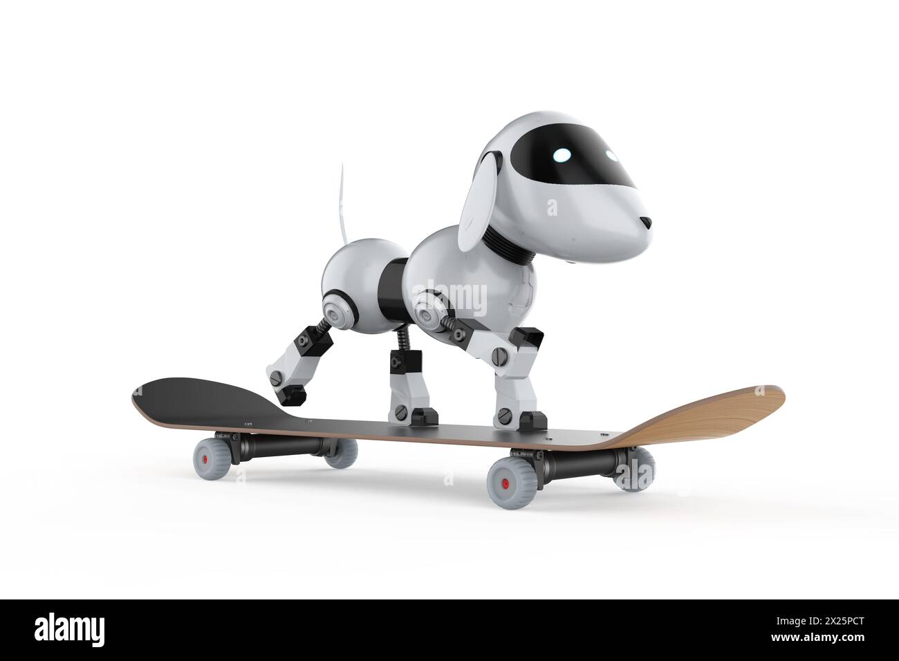il robot per cani con rendering 3d gioca a skateboard su sfondo bianco Foto Stock