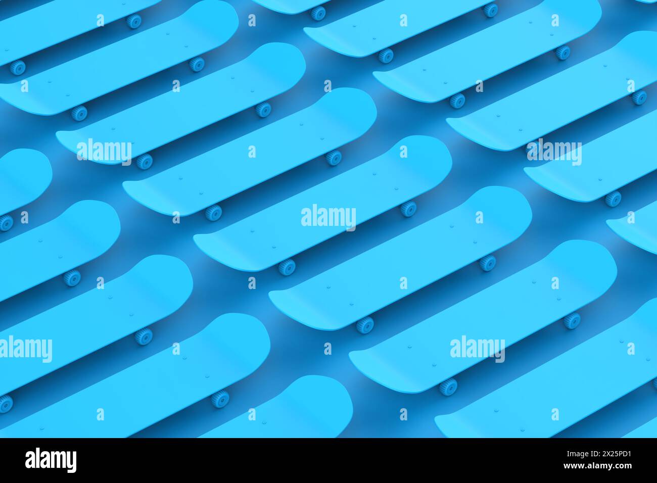 gruppo di rendering 3d di skateboard isometrico su sfondo blu Foto Stock
