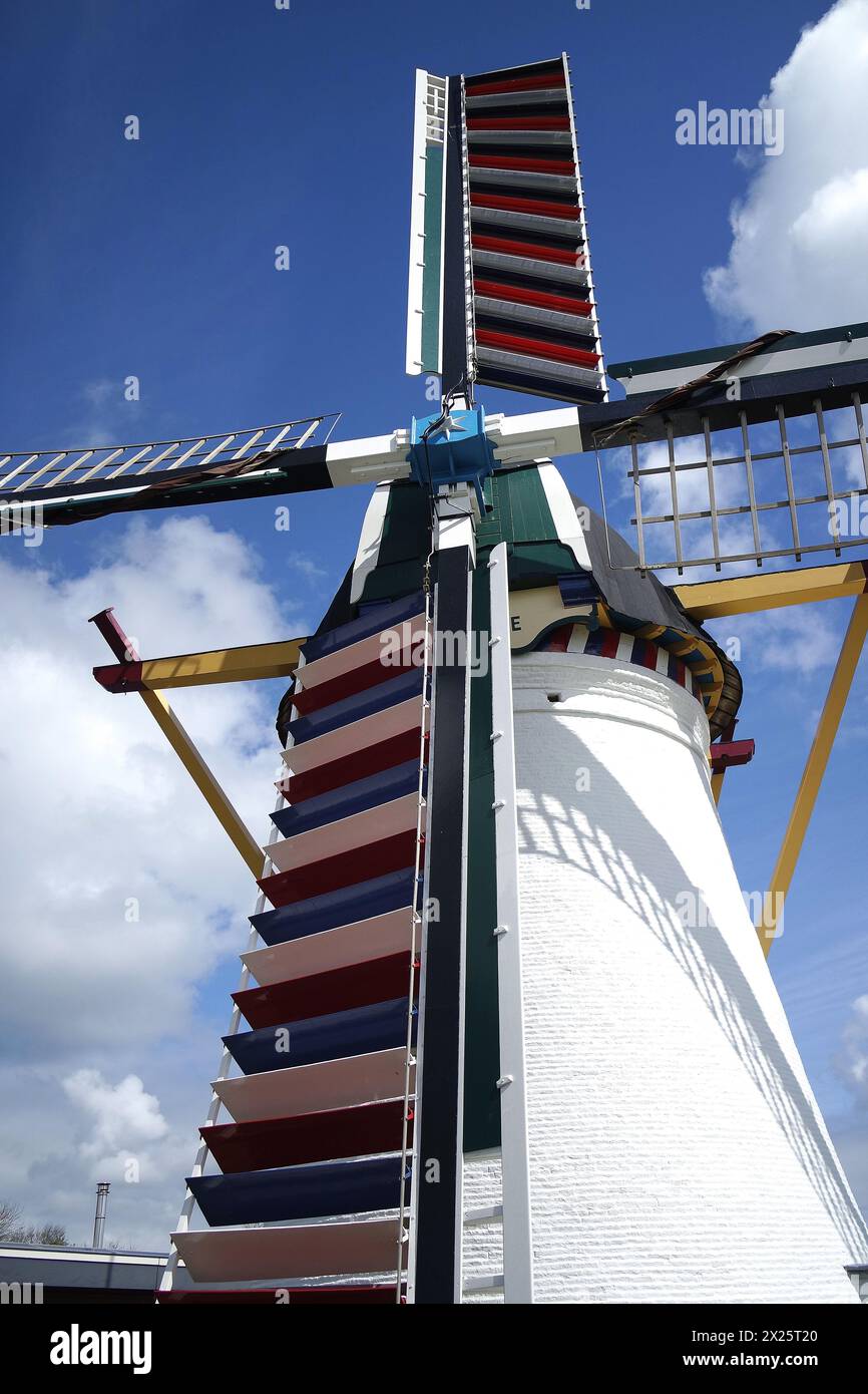 Scharendijke, Niederlande am 18.04.2024 Die Windmühle De Lelie neben dem Restaurant Pannekoekenhuys de Molen a Scharendijke am Brouwersdamm foto: Norbert Schmidt, Duesseldorf Foto Stock