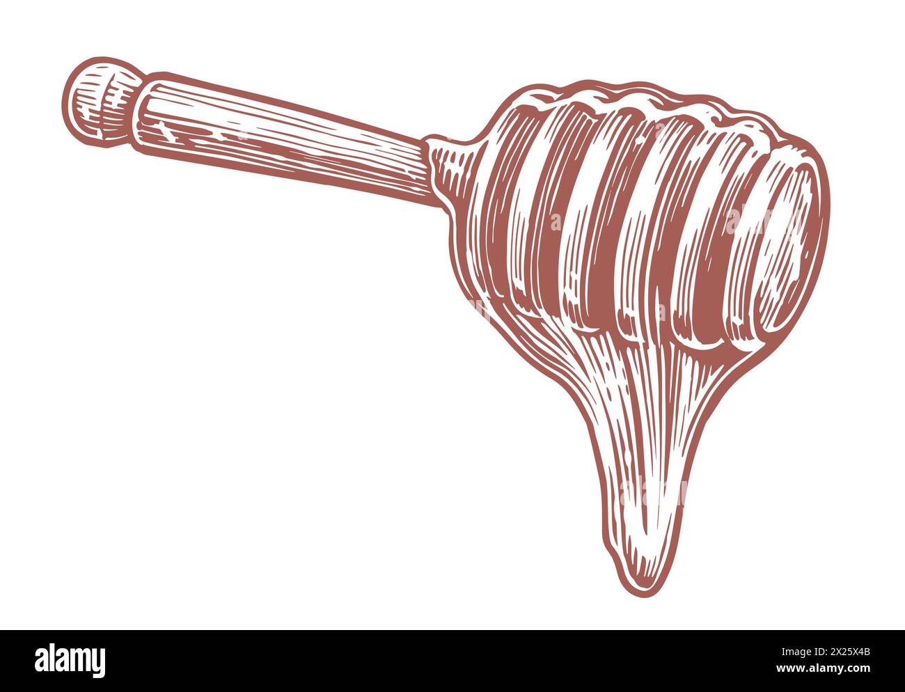 Il miele scorre giù dal cucchiaio di legno. Cucchiaio di legno per sciroppo appiccicoso. Illustrazione vettoriale dello schizzo del prodotto Bee Illustrazione Vettoriale
