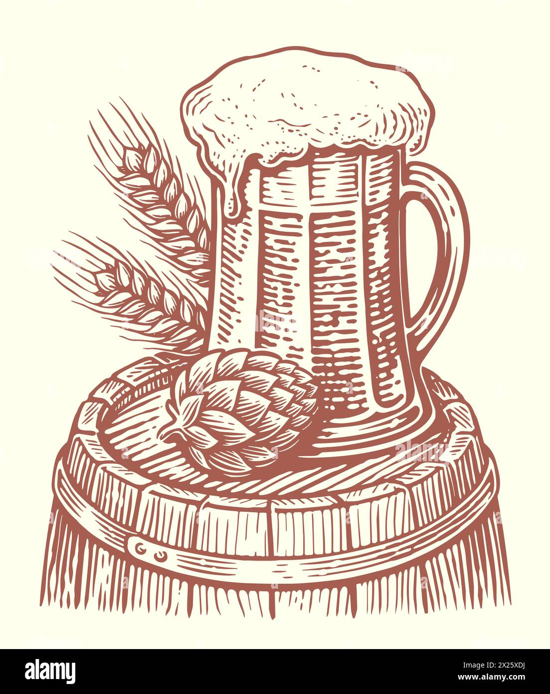 Tazza di birra in vetro su botte di legno. Birreria, pub sketch. Illustrazione vettoriale vintage disegnata a mano Illustrazione Vettoriale