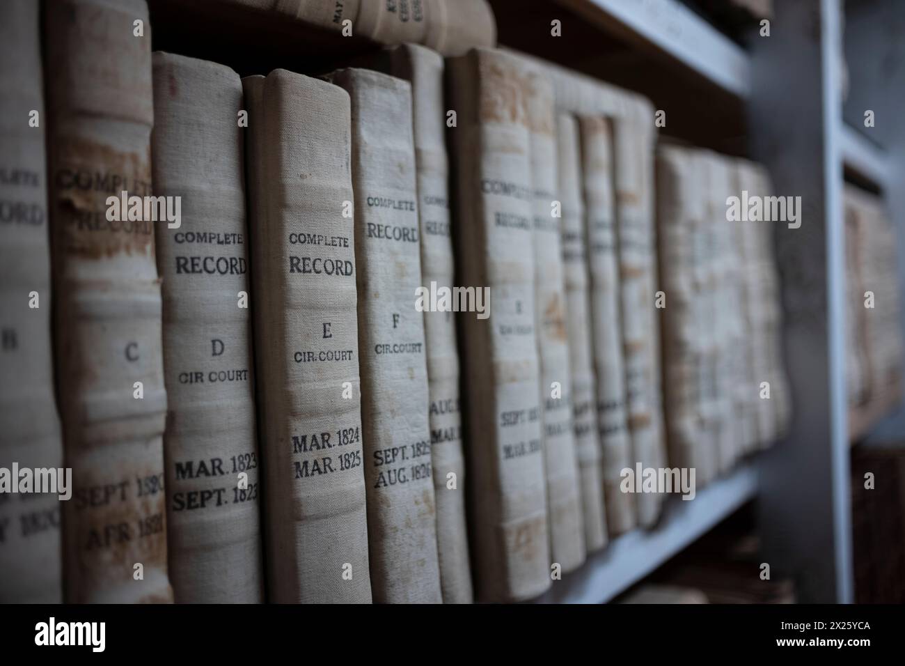 Le pile di libri contenenti documenti pubblici sono ordinatamente organizzate su una libreria che si trova nella biblioteca pubblica. Foto Stock