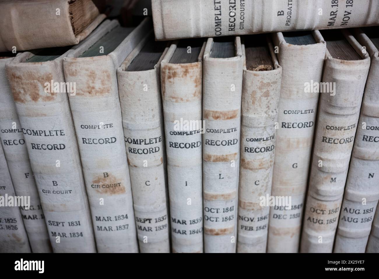 Le pile di libri contenenti documenti pubblici sono ordinatamente organizzate su una libreria che si trova nella biblioteca pubblica. Foto Stock