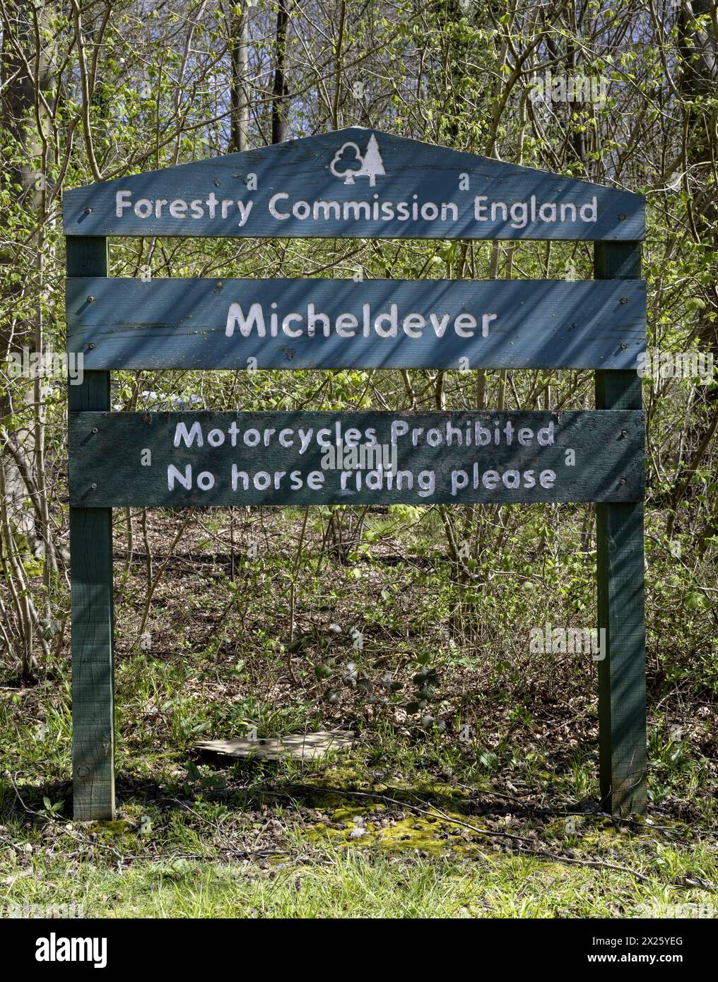 Forestry Commission England Signs at Micheldever Wood, Micheldever, Hampshire, Inghilterra, Regno Unito Foto Stock