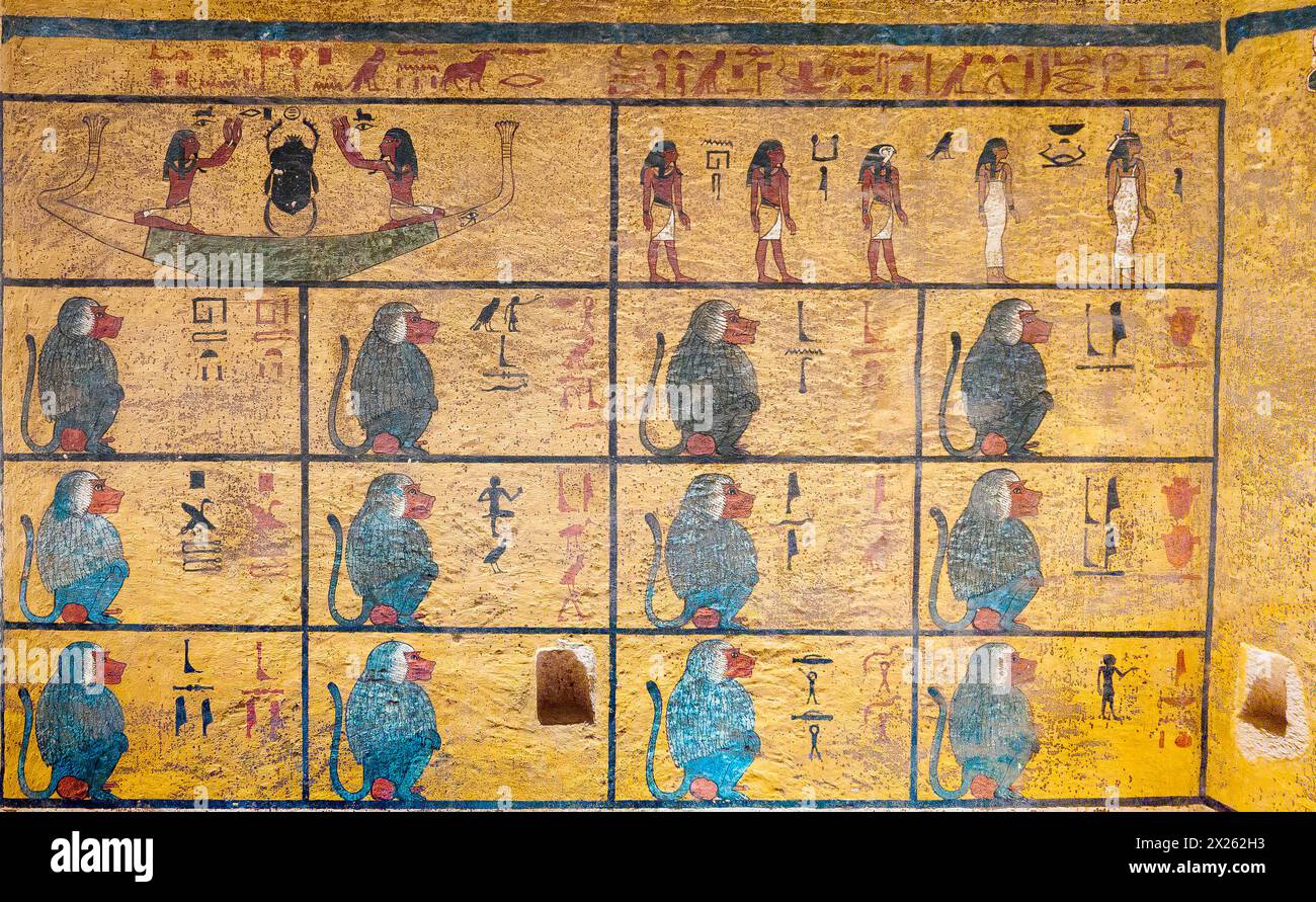 Egitto, Luxor, tomba di Tutankhamon, parete occidentale della sala funeraria, estratti della prima ora del libro Amduat. Foto Stock
