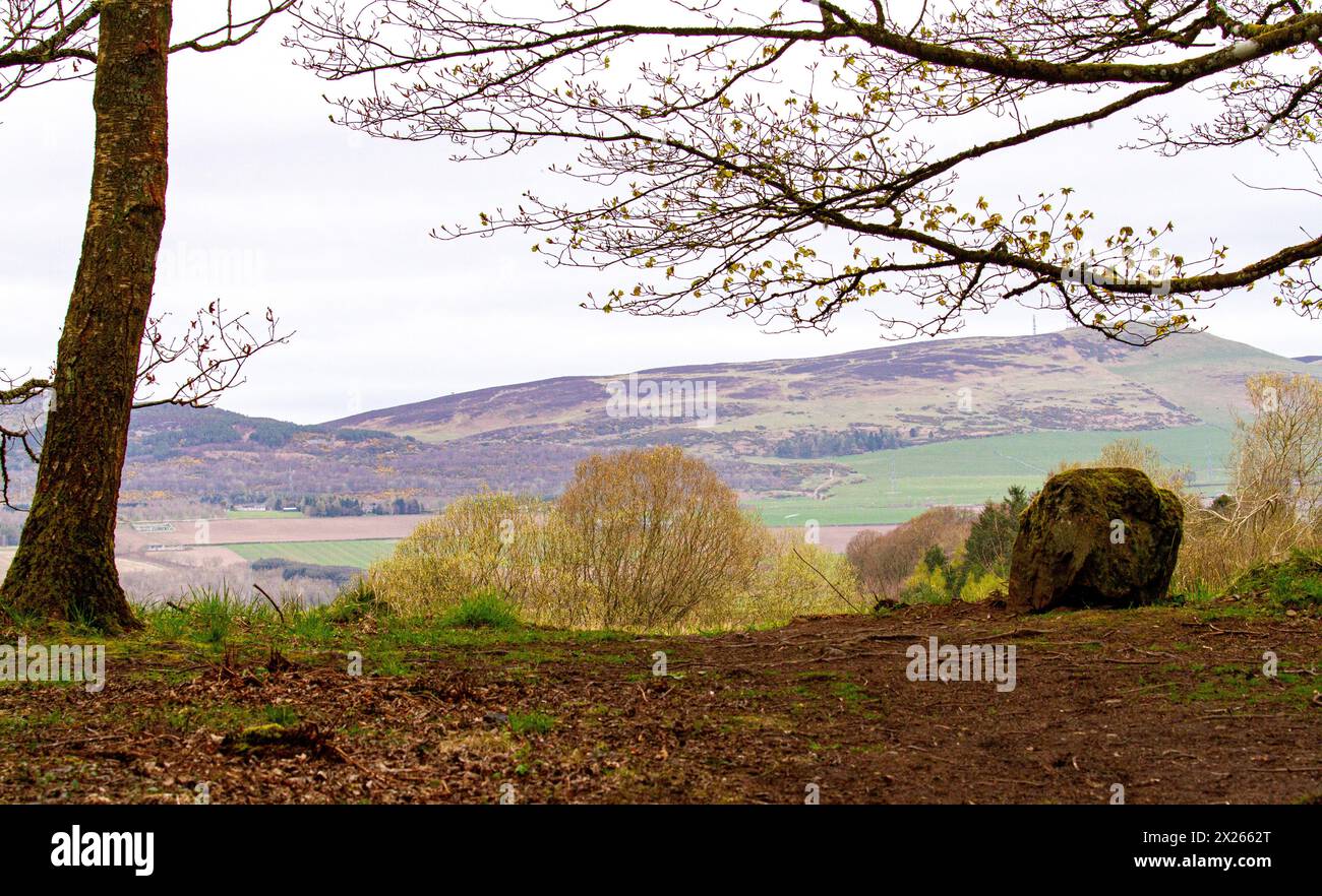 Dundee, Tayside, Scozia, Regno Unito. 20 aprile 2024. Meteo nel Regno Unito: Clima primaverile luminoso con sole occasionale che offre splendide viste sulla valle di Strathmore e nuvole di pioggia bassa sulle colline di Sidlaw a Dundee, Scozia. Crediti: Dundee Photographics/Alamy Live News Foto Stock