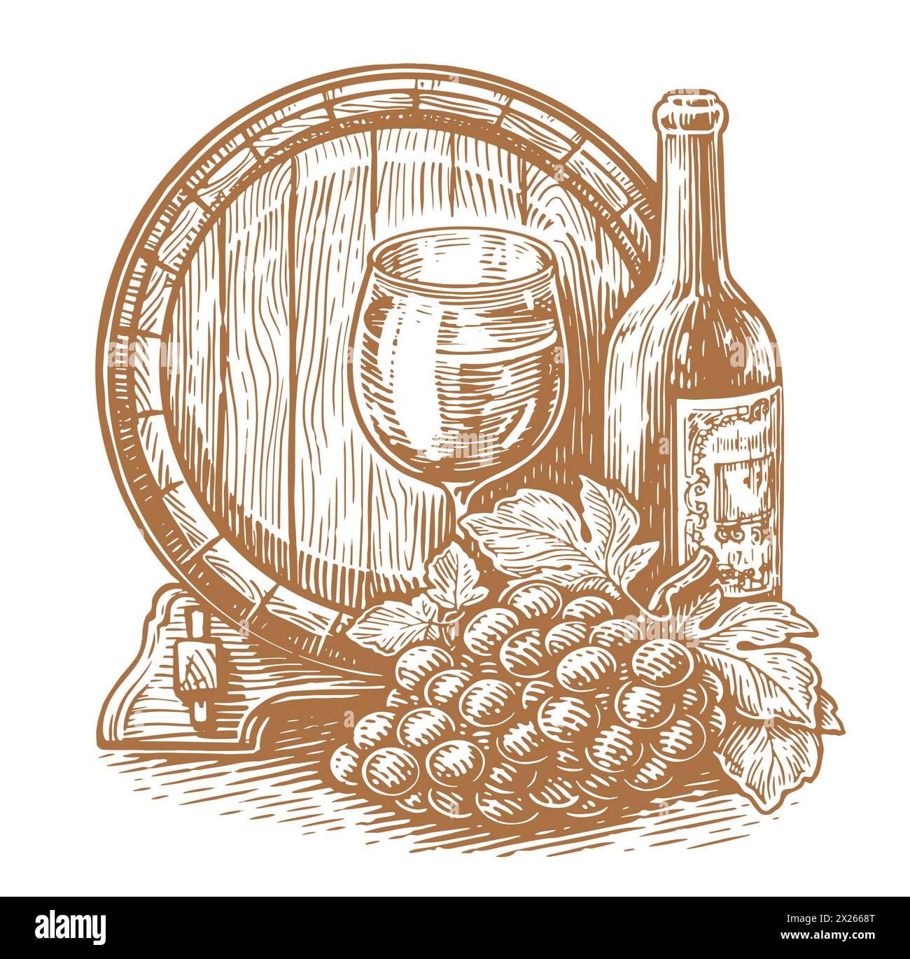 Bottiglia di vino, bicchiere e botte di legno. Winery, vignetta del vigneto. Illustrazione vettoriale vintage Illustrazione Vettoriale