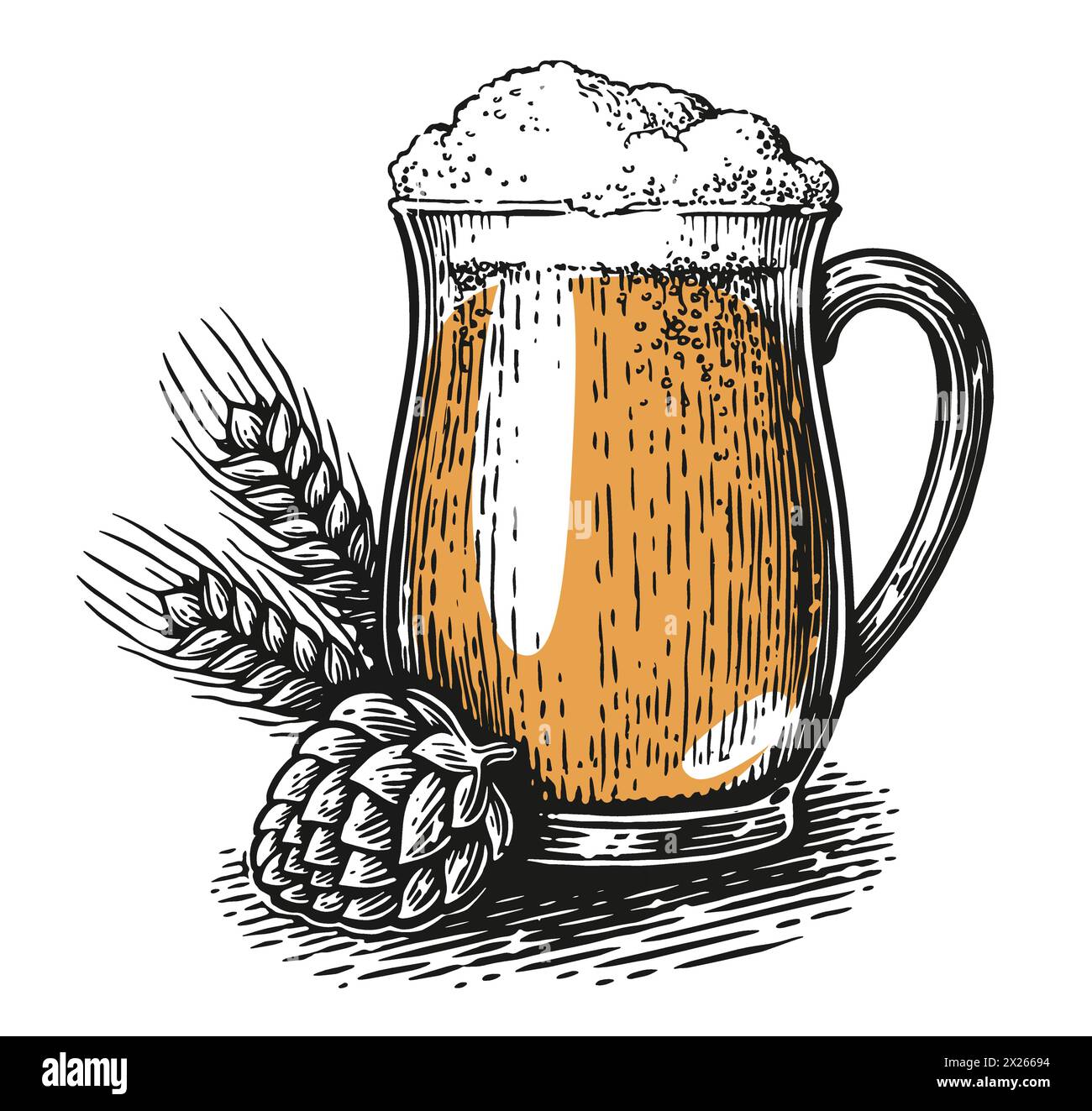 Tazza di vetro birra, luppolo e orecchie di grano. Pub, concetto di birreria. Illustrazione vettoriale vintage disegnata a mano Illustrazione Vettoriale