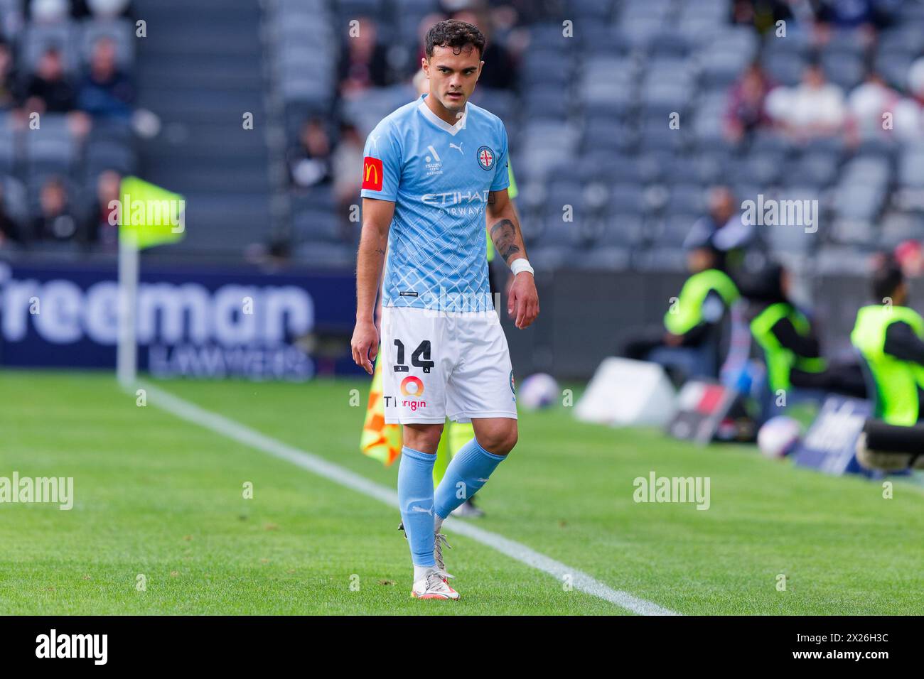 Sydney, Australia. 20 aprile 2024. Vicente Fernández di Melbourne City guarda durante la partita A-League Men Rd25 tra i Wanderers e Melbourne City al CommBank Stadium il 20 aprile 2024 a Sydney, Australia Credit: IOIO IMAGES/Alamy Live News Foto Stock