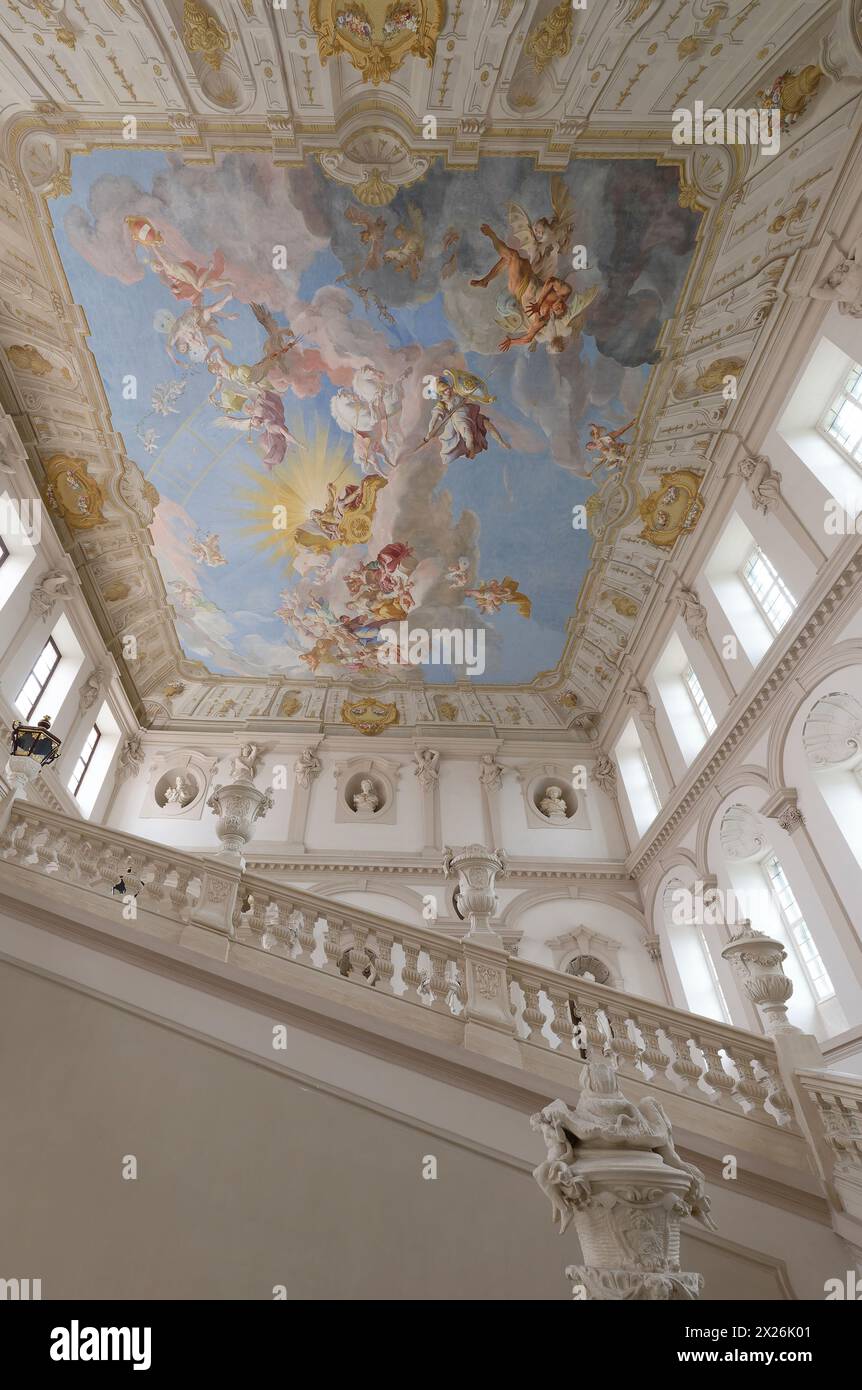 Göttweig, bassa Austria, Austria. Museo nell'ala imperiale dell'abbazia di Göttweig. Affresco a soffitto con l'apoteosi dell'imperatore Carlo vi Come protettore dell'arte e della scienza di Paul Troger, 1739 Foto Stock