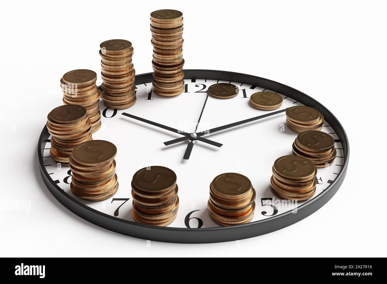 Pile di monete d'oro in modo da aumentare l'altezza tra ore di orologio bianco e nero. Accumulo capitalistico, crescita della ricchezza e interesse composto Foto Stock