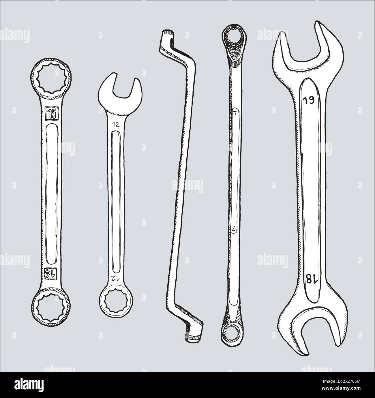 Utensili per la lavorazione del legno disegnati a mano digitalizzati e isolati come disegno a linea nera con riempimento bianco Illustrazione Vettoriale