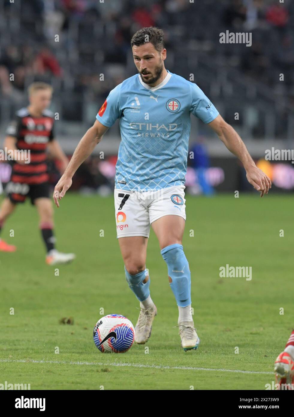 Parramatta, Australia. 20 aprile 2024. Il Mathew Allan Leckie del Melbourne City FC è visto in azione durante la partita di Isuzu UTE A-League 2023-24 del turno 25 tra il Western Sydney Wanderers FC e il Melbourne City FC, tenutasi al CommBank Stadium. Punteggio finale; Melbourne City FC 2:1 Western Sydney Wanderers FC. Credito: SOPA Images Limited/Alamy Live News Foto Stock