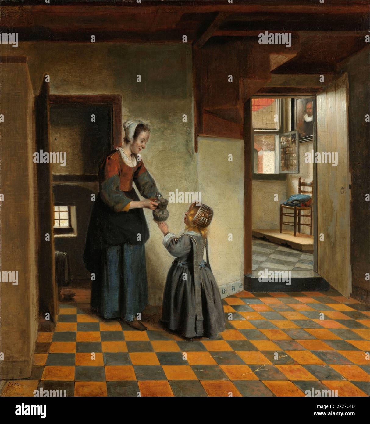 Dipinto di una donna con un bambino in una dispensa, del pittore olandese Pieter de Hooch, 1660 opera d'arte olandese del XVII secolo, capolavoro d'arte dell'età dell'oro Foto Stock