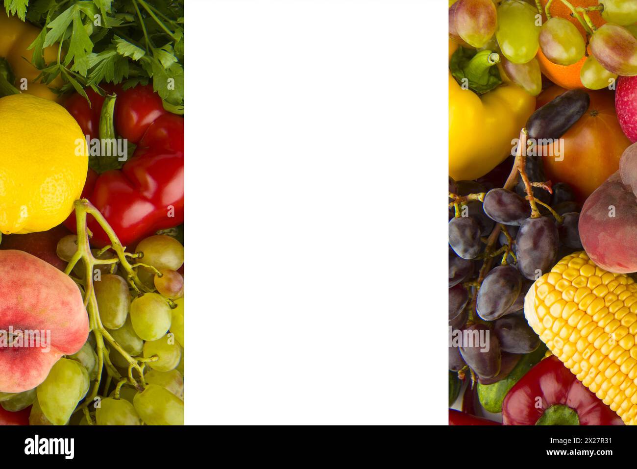 Set di verdure e frutta isolato su sfondo bianco. C'è spazio libero per il testo. Collage. Foto Stock