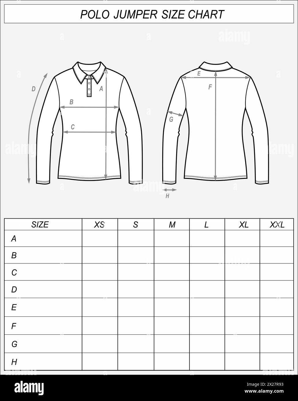 Tabella delle misure dei ponticelli Polo. Schizzo della felpa sul davanti e sul retro. Misurazioni degli indumenti. Mockup CAD donna. Modello di disegno tecnico. Illustrazione vettoriale. Illustrazione Vettoriale
