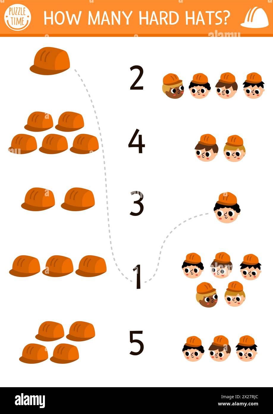 Abbina i numeri del cantiere a costruttori e elmetti. Lavori di costruzione attività matematica per bambini in età prescolare. Centro di formazione del servizio di riparazione Illustrazione Vettoriale