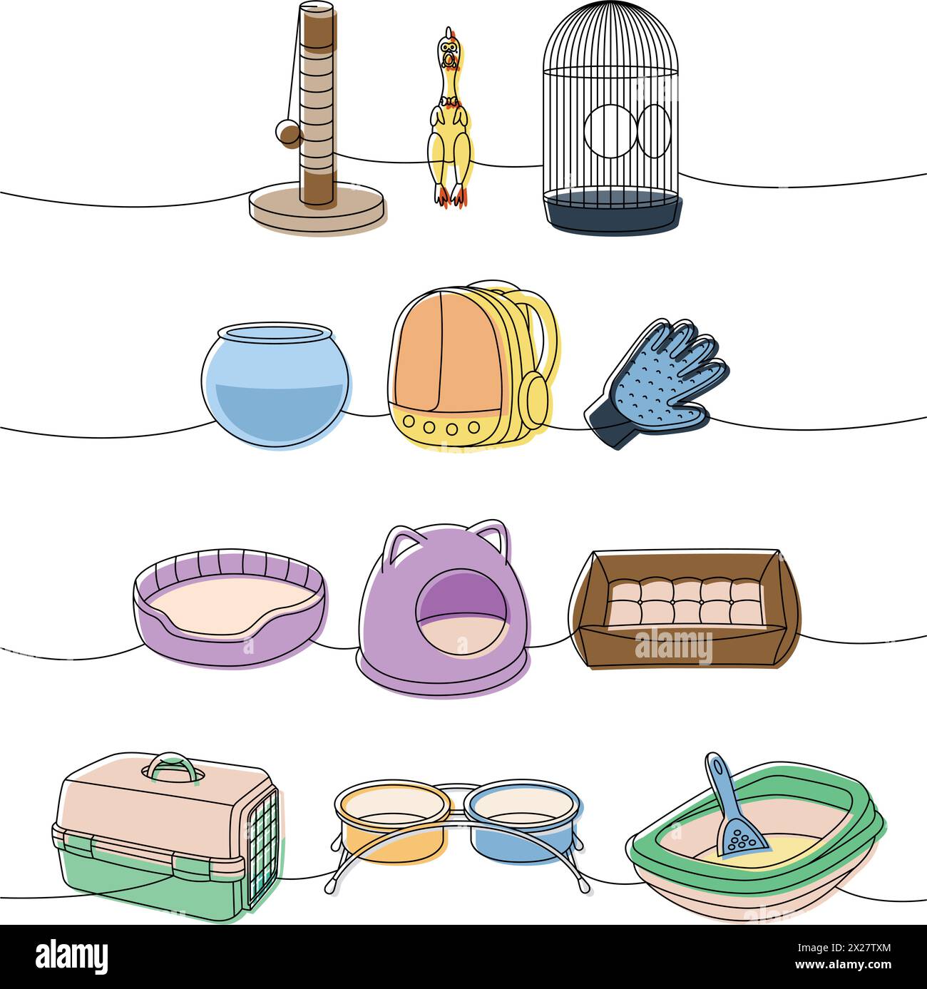 Raccolta di forniture per animali. Medaglie, forbici, tagliaunghie, spazzola, Rimuovi pellicce, acquario, porta zaino, guanto per la rimozione dei capelli, ciotola portatile Illustrazione Vettoriale